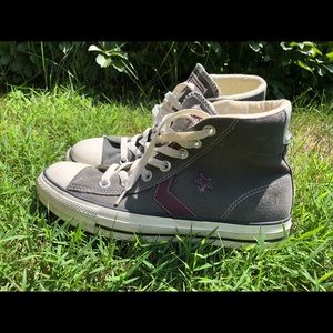 High top grey and maroon suede converse